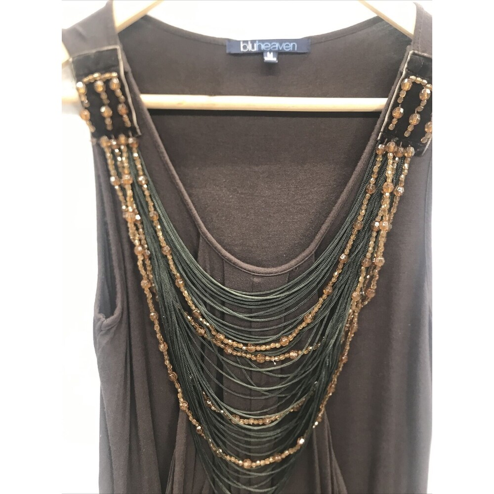 BLU HEAVEN Women Mini Dress Size Medium Brown Elastic Hem Beaded Attach Necklace